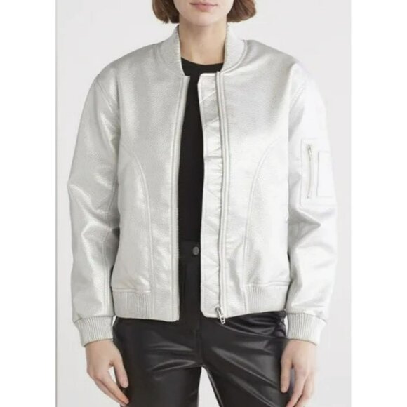 Blank NYC Metallic Silver Faux Leather Bomber Jacket Size Medium NWT - Picture 1 of 6